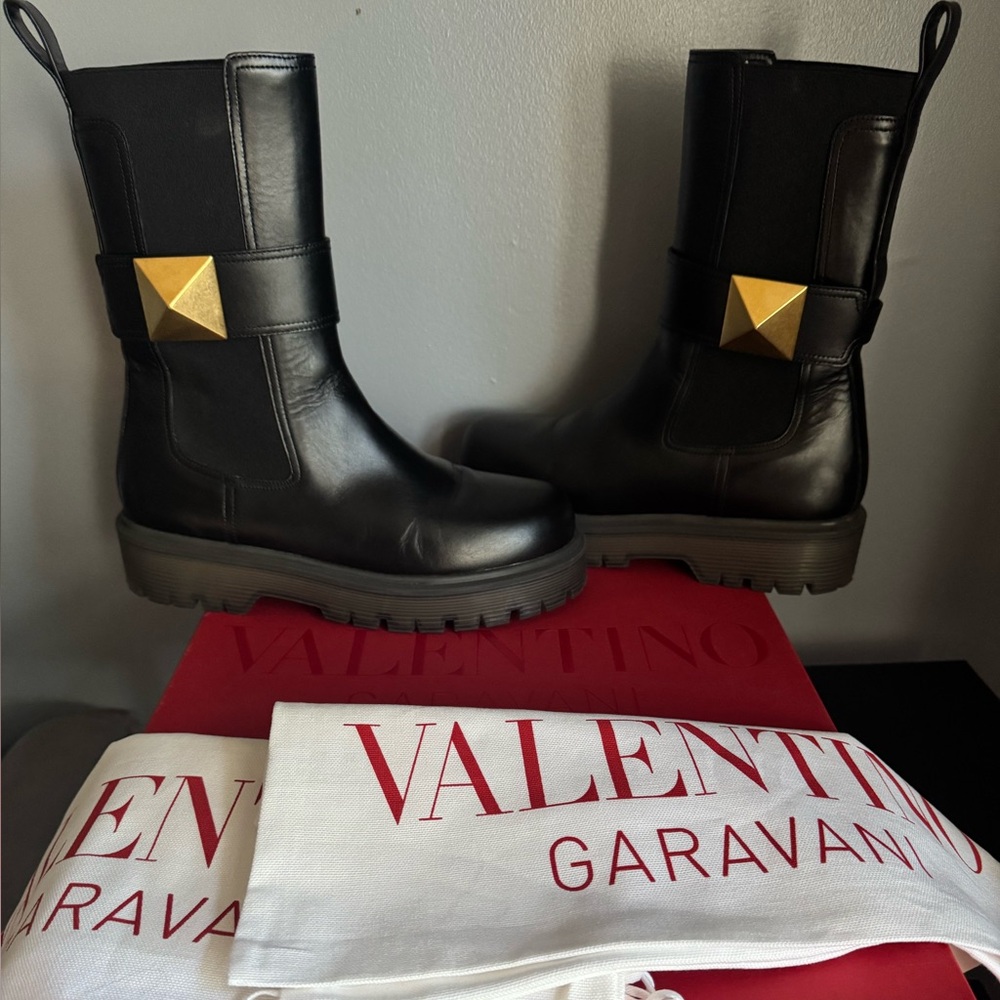 Valentino Black Leather Boots with Gold Pyramid Studs